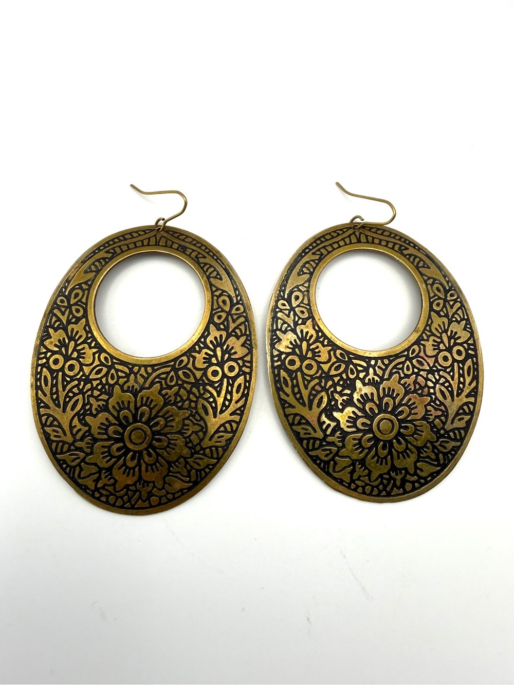 Flower Engraved Brass Dangle Oval Statement Earrings